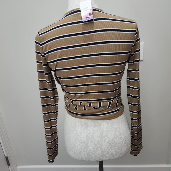 NWT Final Touch Ribbed Knit Tie Front Top M Tan Black White Stripes USA Made‎ - Picture 7 of 10